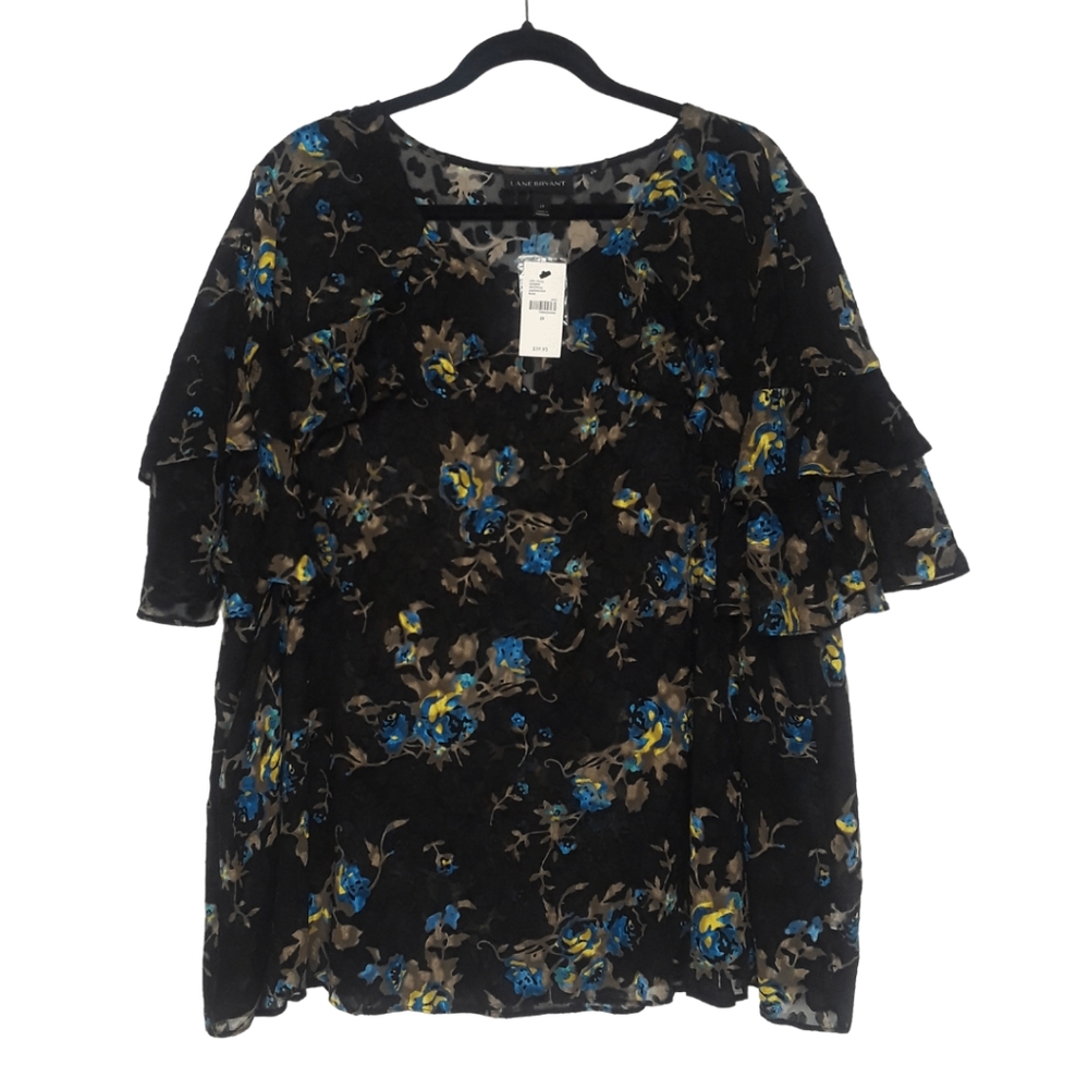 LANE BRYANT Black Semi-sheer Floral Top NWT Size 24 (3X) With Ruffle Sleeves 3X